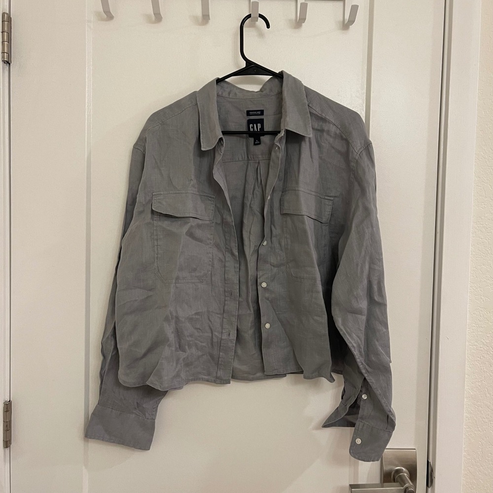 Vintage Gap 100% Linen Gray Cropped Button Down Blouse Minimalist Breathable